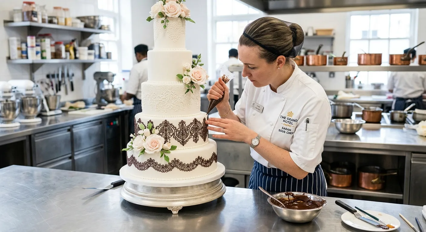 A professional Pastry Sous Chef in a crisp white uniform, meticulously piping intricate chocolate decorations on a multi-tiered wedding cake in a bright, high-end hotel kitchen. Focus on skill and precision.