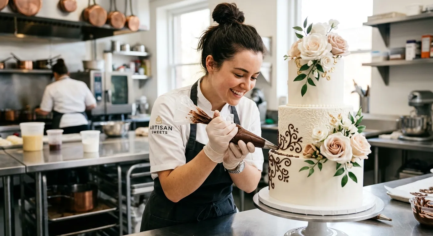 A dynamic, high-energy shot of an Assistant Pastry Chef meticulously piping chocolate decorations on a multi-tiered wedding cake in a spotless, professional kitchen. Focus on the chef's hands and face, with a warm, inviting mood.