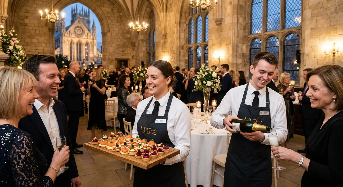 A vibrant, professional photo of Event Catering Staff in action at a high-end York venue, such as th... A vibrant, professional photo of Event Catering Staff in action at a high-end York venue, such as the York Minster Refectory or a grand hotel ballroom. Staff are smiling, dressed in crisp black and white uniforms, presenting canapés and pouring drinks. The mood is energetic, professional, and welcoming.