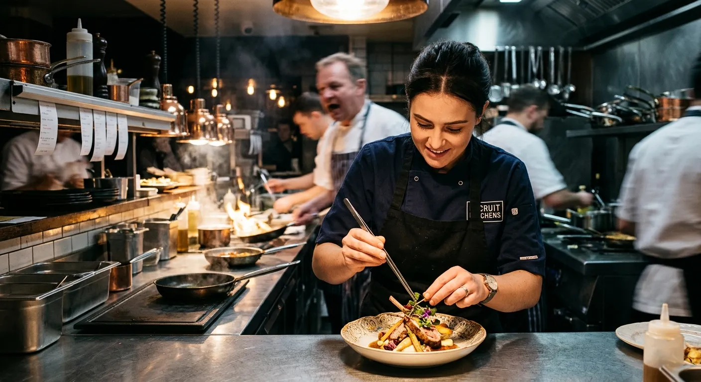 A professional, high-energy kitchen scene in a London restaurant, focusing on a temporary chef in action plating a dish, with soft focus on a busy pass in the background. Moody, professional lighting.