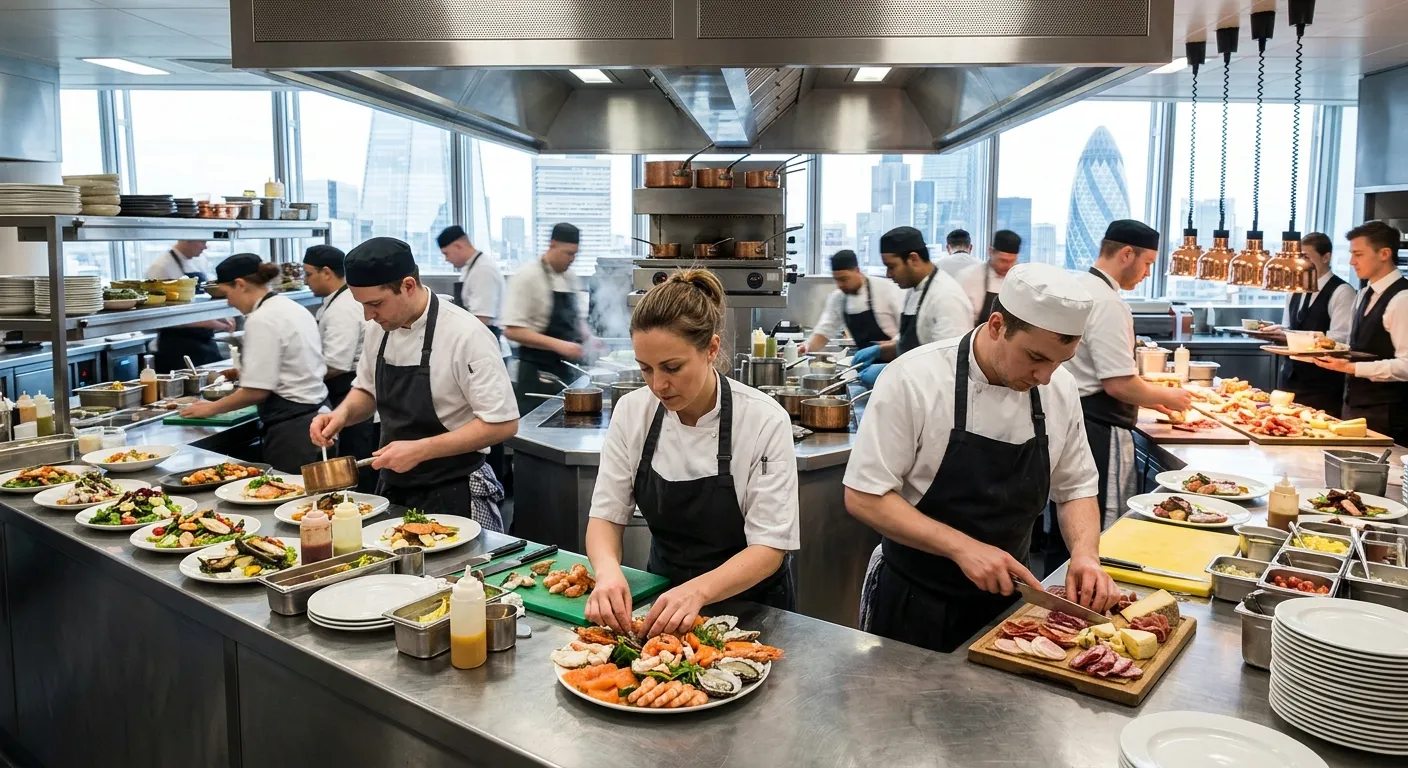 A modern, high-energy corporate kitchen in London's financial district, chefs in crisp whites preparing artisanal platters for a large-scale lunch service