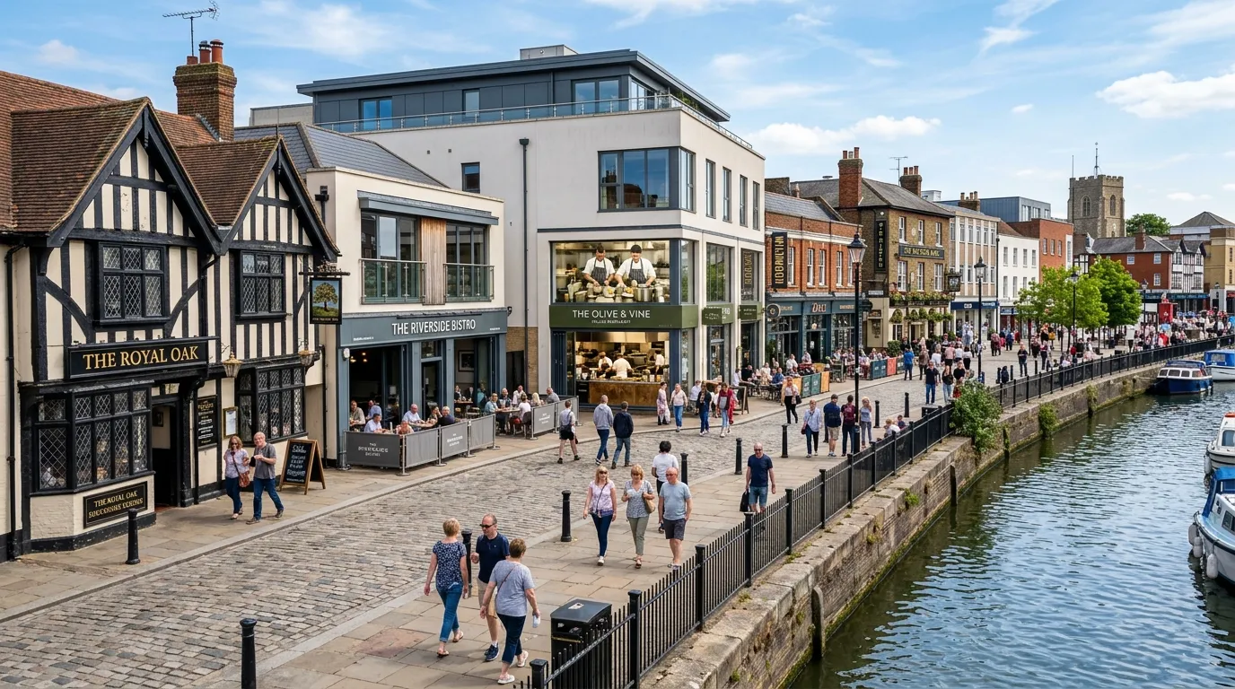 A vibrant, wide-angle photo of Dartford town centre showing a mix of modern restaurants, traditional pubs, and the historic riverfront, with chefs visible in an open-plan kitchen window