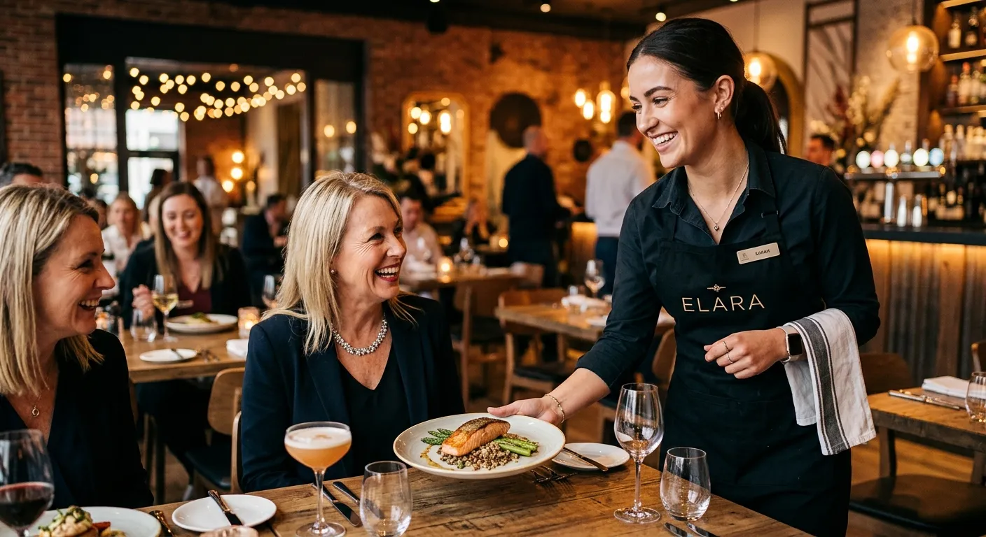 Professional, high-energy photograph of a smiling waitress in a modern restaurant, expertly presenting a plate to a delighted customer. Warm, ambient lighting, sharp focus on the interaction. Mood: Competent, welcoming, and high-end.