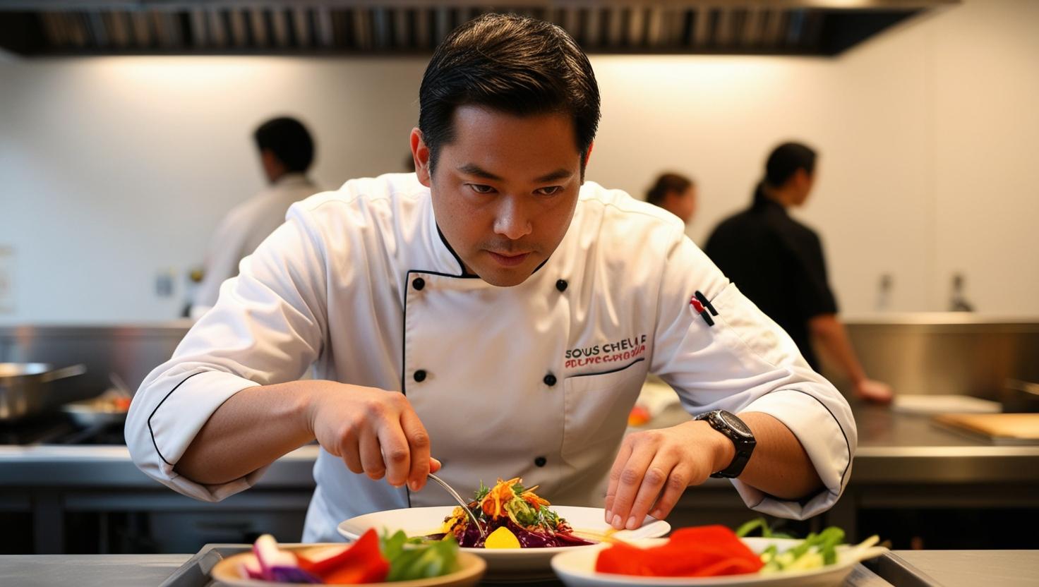 A sous chef carefully preparing ingredients