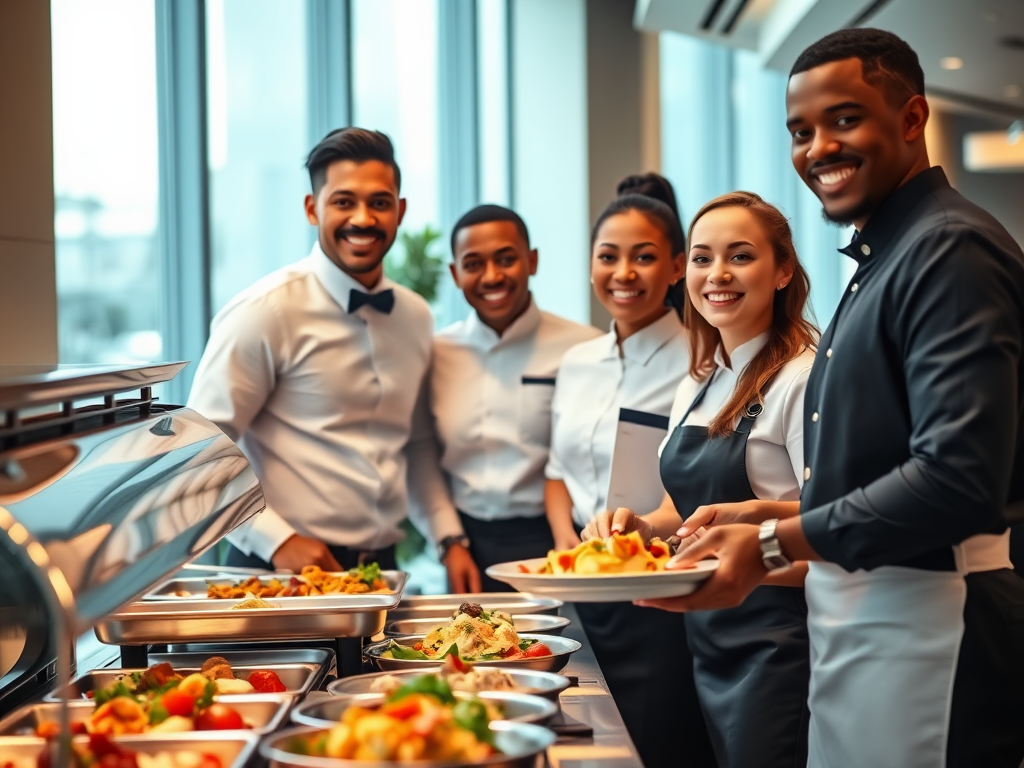 A diverse team of catering staff in smart uniforms working together to prepare a buffet table with gourmet dishes, set in a modern, elegant event venue. The image conveys professionalism, teamwork, and excellence in hospitality careers and catering staff recruitment.