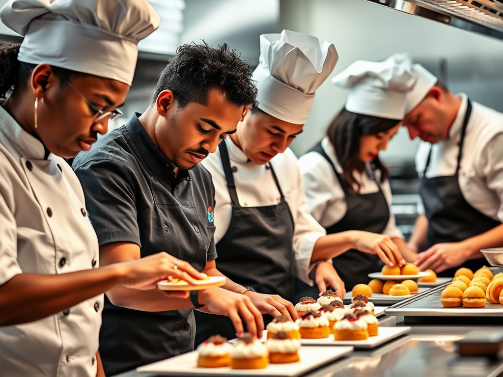 High quality image of diverse Pastry Chefs working in a professional kitchen, with a focus on intricate pastry creation. The image should evoke a sense of skill and artistry, suitable for a catering recruitment company named Team Catering.